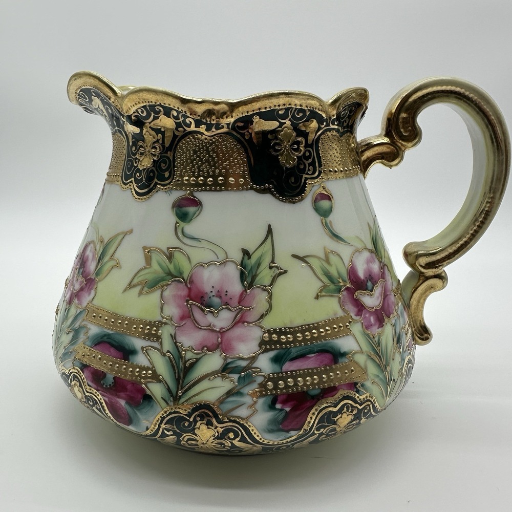 Antique‎ Nippon Hand Painted Porcelain Cider Pitcher Floral Moriage Gold Beaded